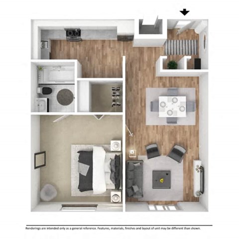 A floor plan of a small apartment with a kitchen, living room, and bathroom.